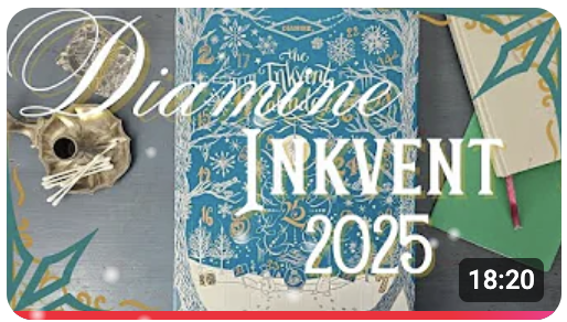 YouTube thumbnail showing the Diamine Inkvent calendar box with text overlaid: "Diamine Inkvent 2025" in stylized fonts