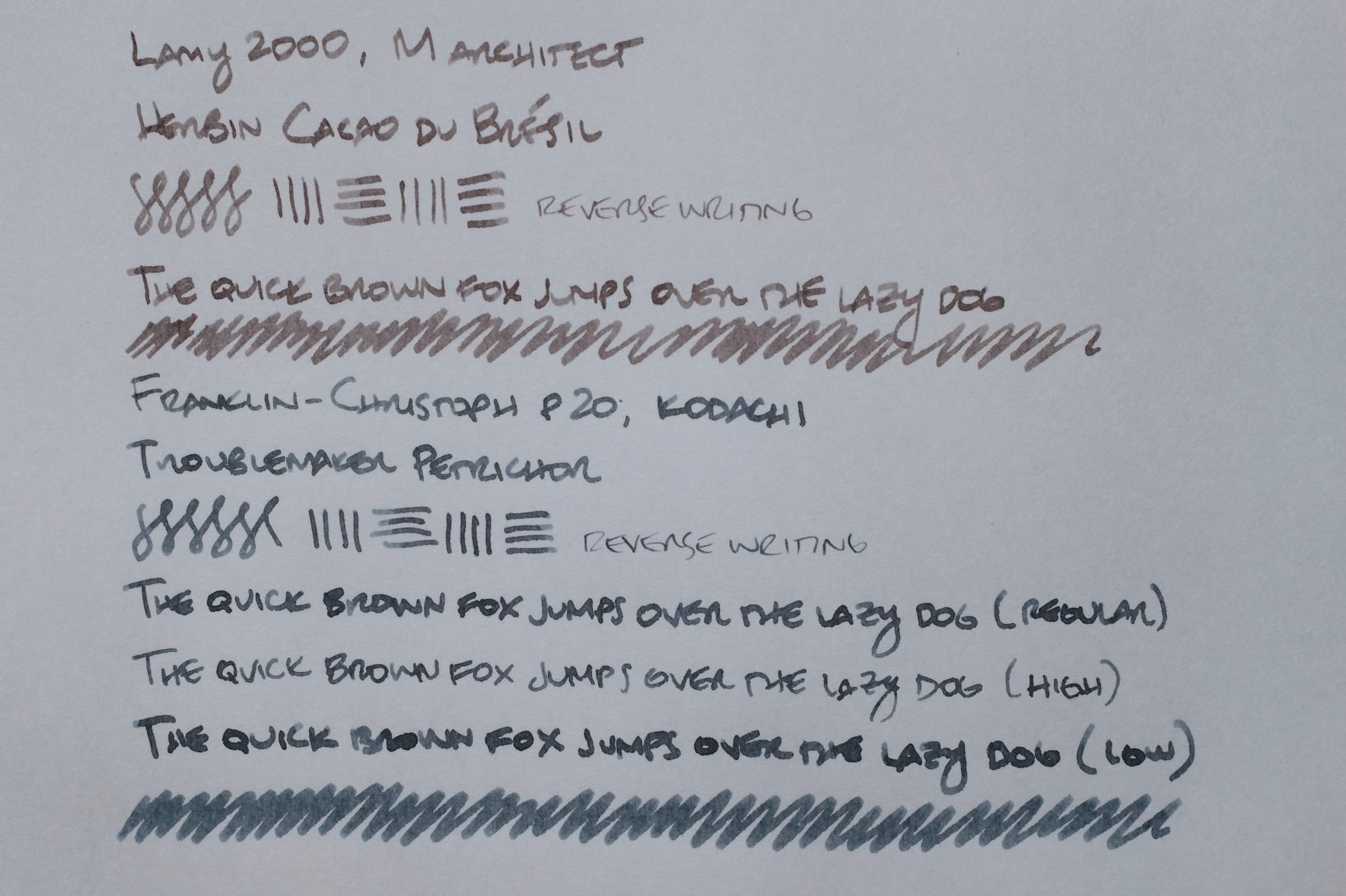 Writing sample from the Lamy 2000 and Troublemaker Petrichor showing off how their architect nib shapes write