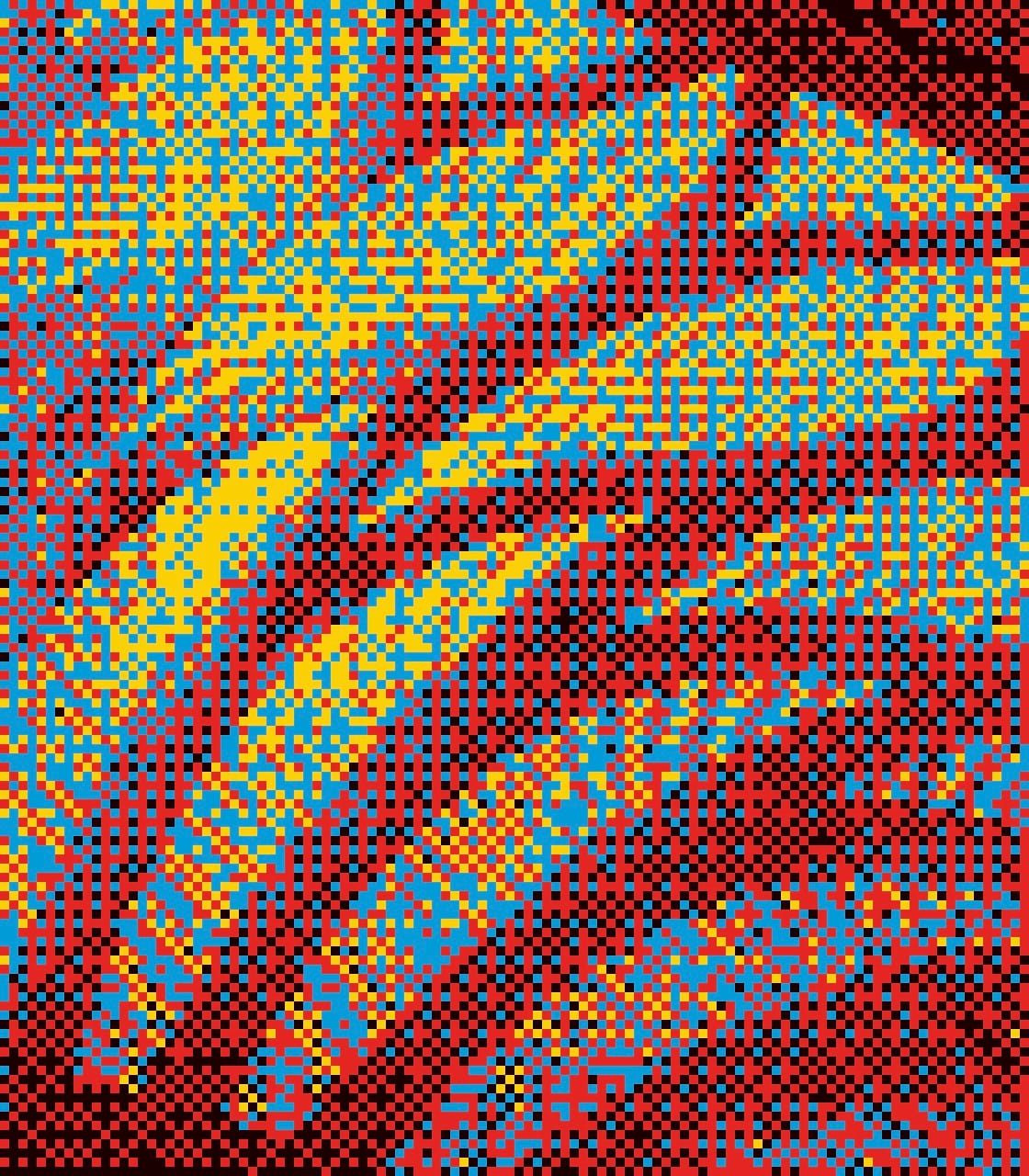 Very low-res, abstract, 4-color (red, blue, yellow, and black) pixel image of some sweeping curved lines resembling foliage
