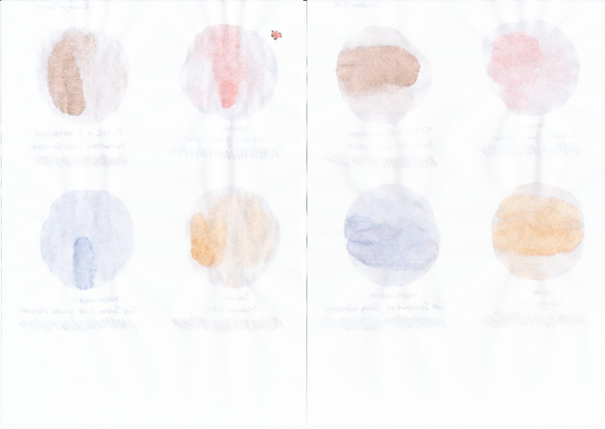 Scan of the back of the two pages with ink swatches, showing significant ghosting where ink was heavily swatched and dried, but no actual bleedthrough for regular writing.