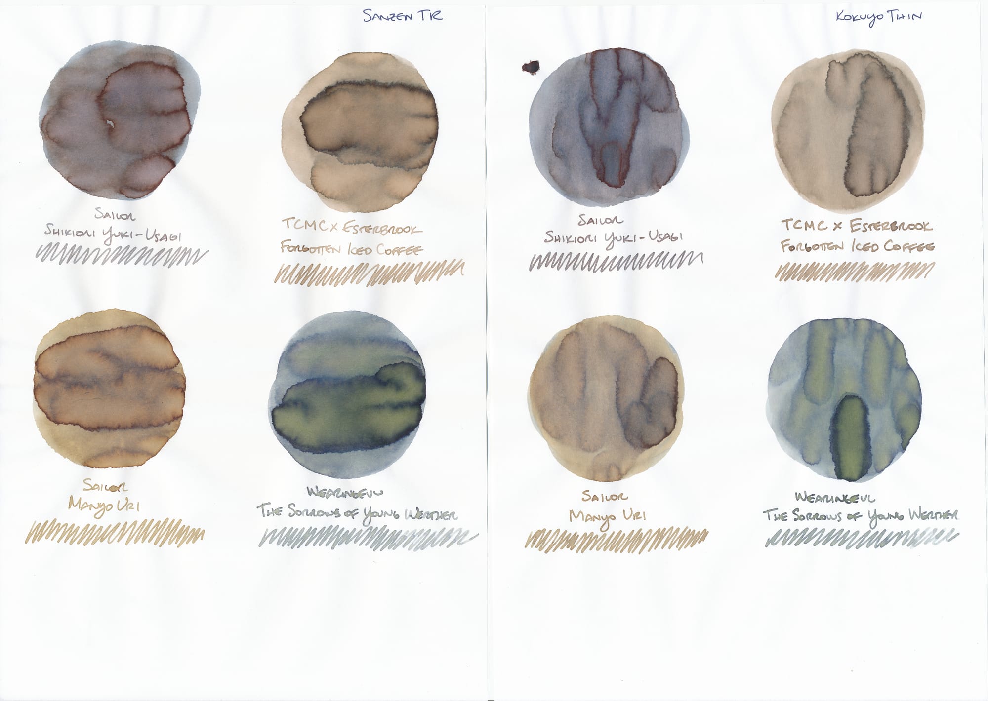 Four circular fountain pen ink swatches per sheet of paper, in 2x2 grid, sheets shown side-by-side