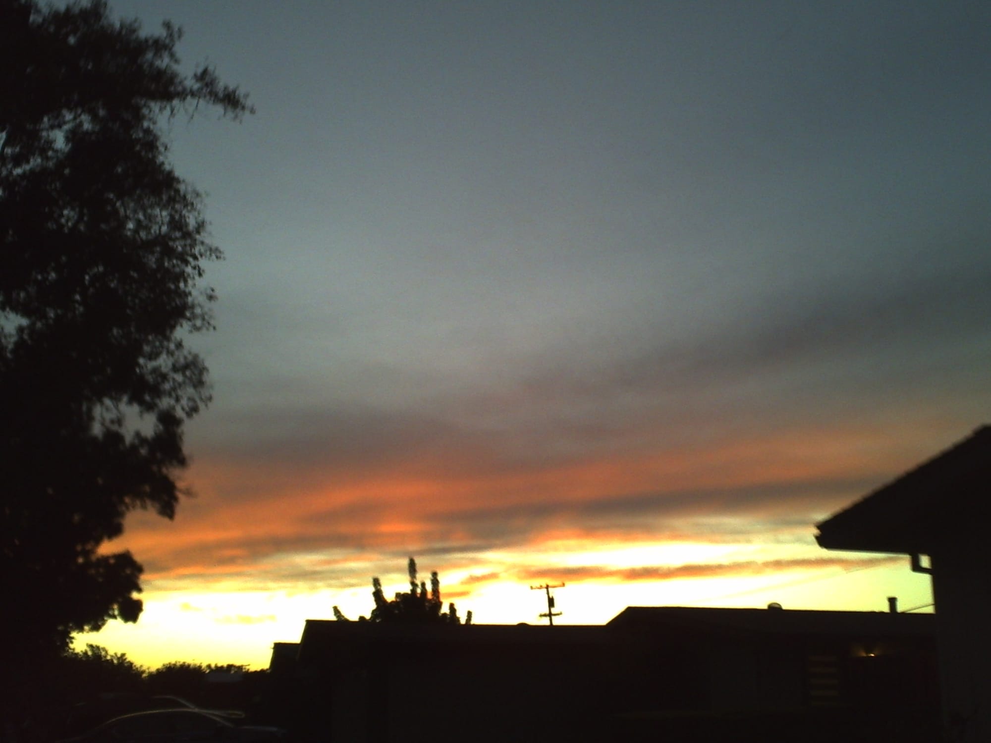 A bland, overexposed sunset in a cloudy sky, with really bright overexposure at the horizon, and some gray and peachy pink colored clouds with subtle hints of pink sun rays visible; trees, house, and power lines silhouetted in the foreground