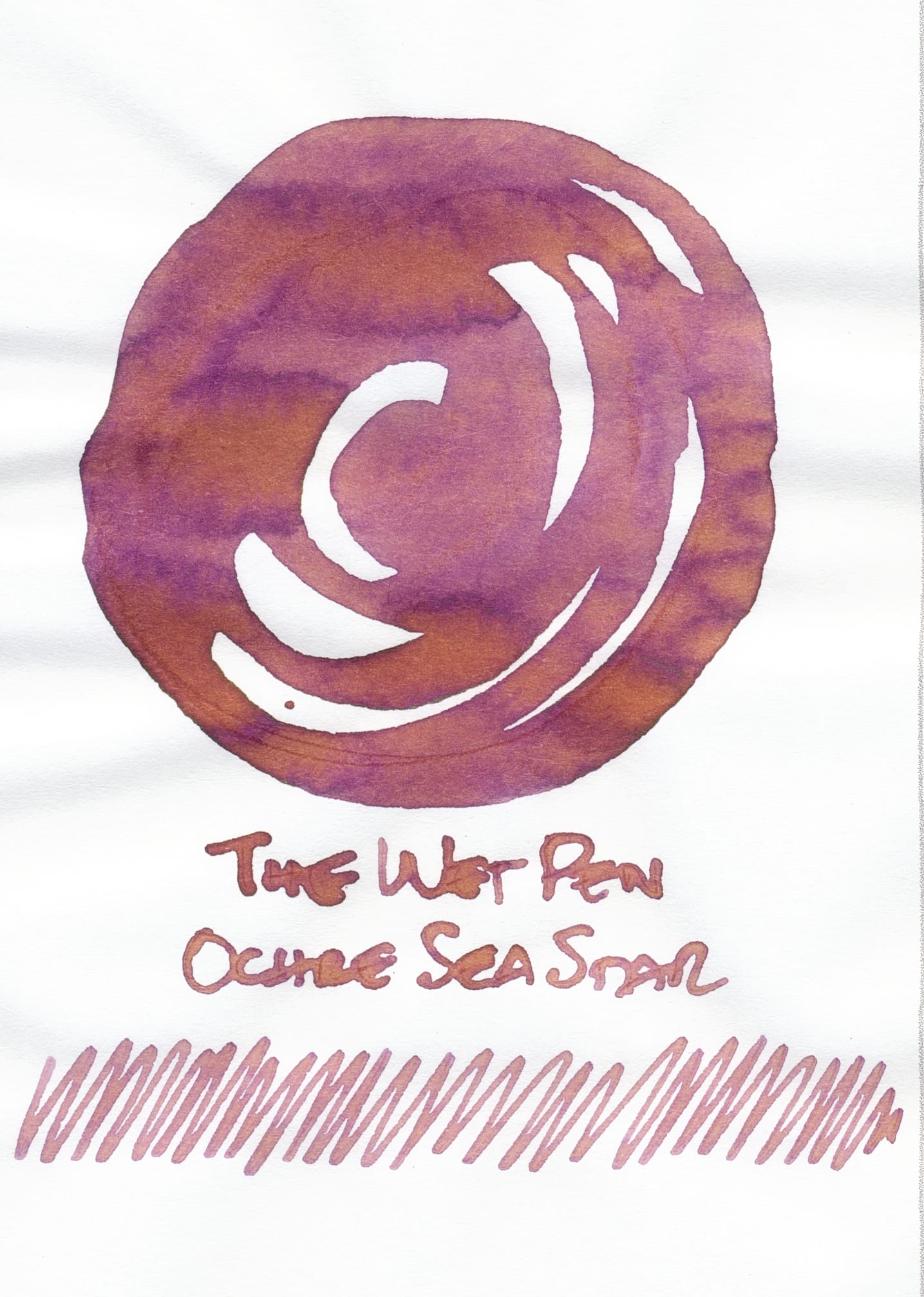 Fountain pen ink swatch drawn as an organic swirl at the top of the page, labeled The Wet Pen Ochre Sea Star underneath