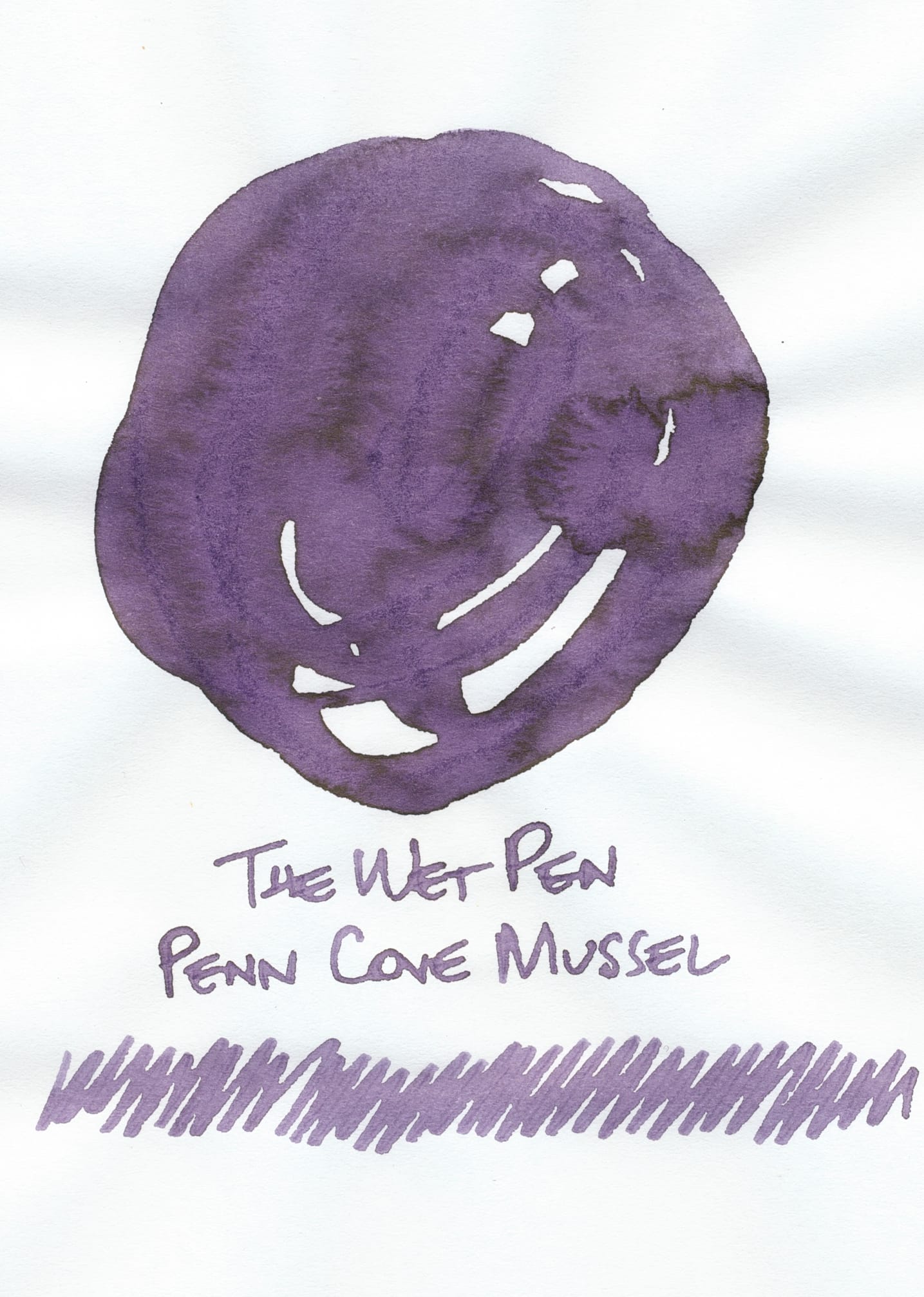 Fountain pen ink swatch drawn as an organic swirl at the top of the page, labeled The Wet Pen Penn Cove Mussel underneath