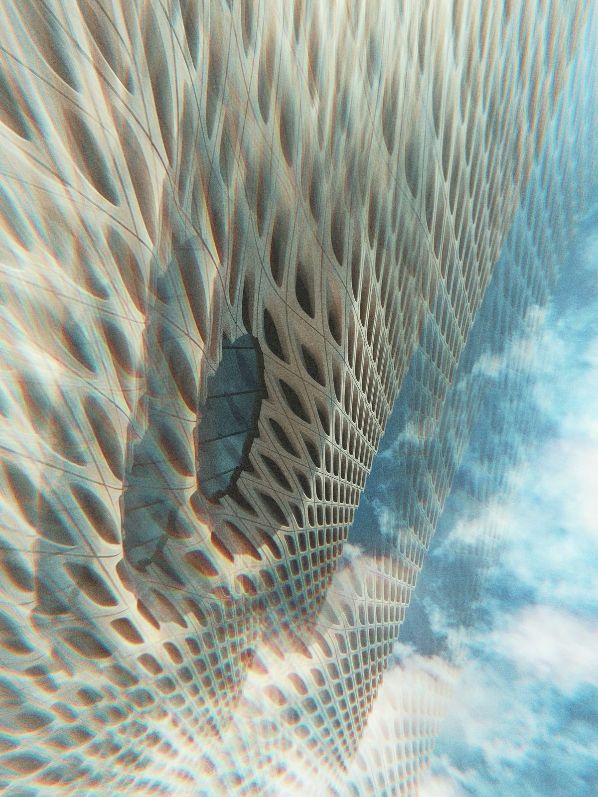 Dreamy, surreal, kaleidoscopic picture looking up at the side of The Broad museum against a cloudy sky
