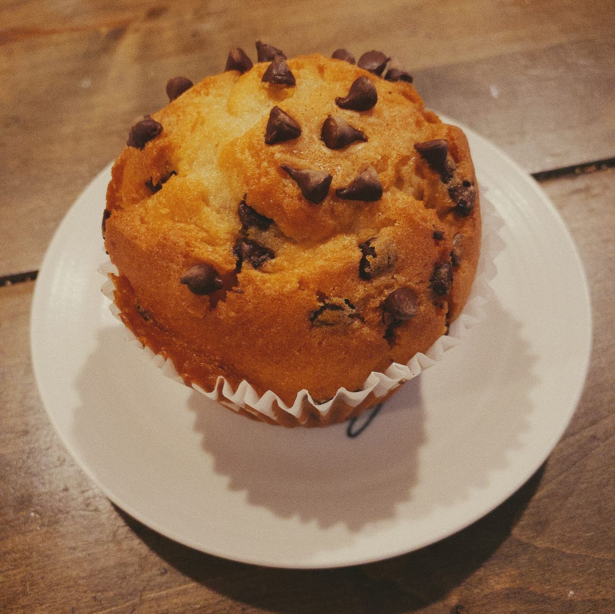 Angled overhead shot of a chocolate chip muffin sitting on an off-white plate on a wooden table