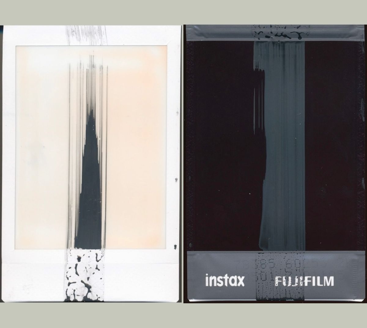 Scan of an Instax Mini photo smeared vertically with a stripe of black film chemicals, view of the front and back of the physical picture