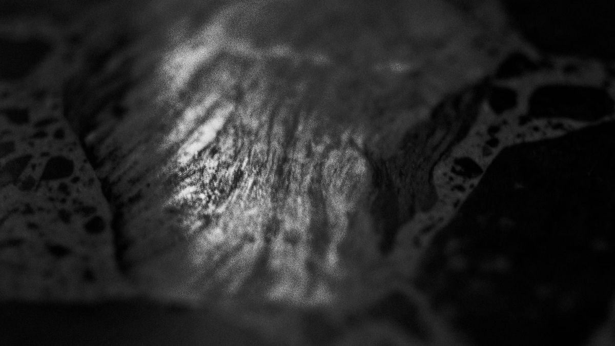 High-contrast, black and white, abstract, macro image of swirling textures and dark gray shapes similar to those in rock formations