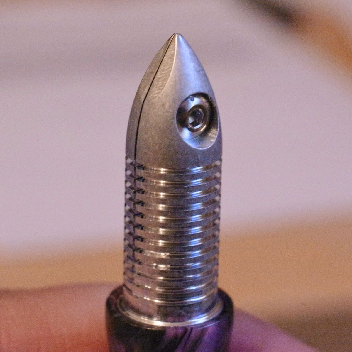 Macro shot showing the screw in the L'il Dipper nib and a metal "shelf" under it that can retain ink