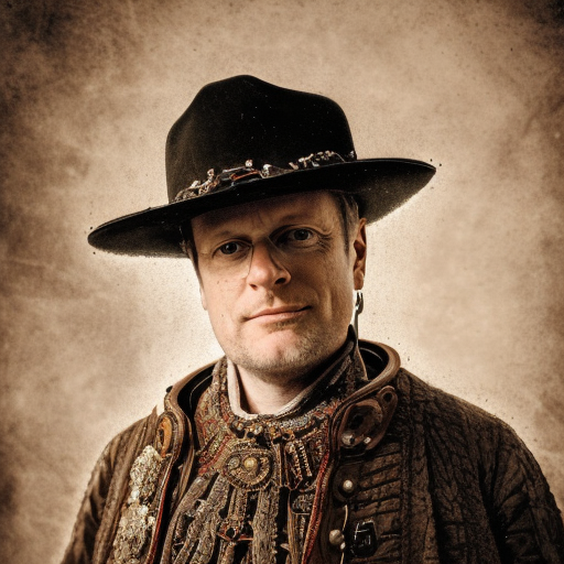 A machine-imagined @workroomprds in a stetson and an heavily-embroidered renaissance jacket