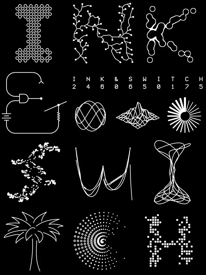 The letters INK&SWITCH as a 3x4 grid, each a separate monochrome representation of something else, in the shape of the letter