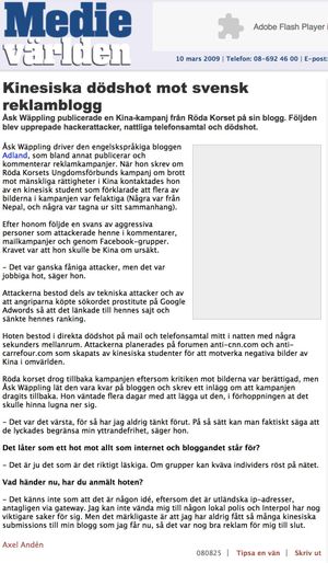 MedieVärlden: Kinesiska dödshot mot svensk reklamblogg
