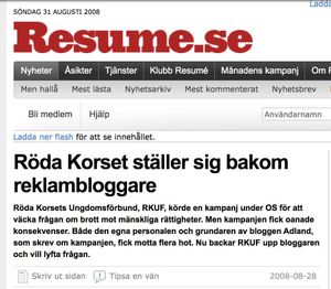 Resumé : "Röda Korset ställer sig bakom reklambloggare"