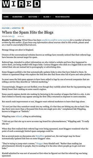 Wired: When the Spam Hits the Blogs 2002