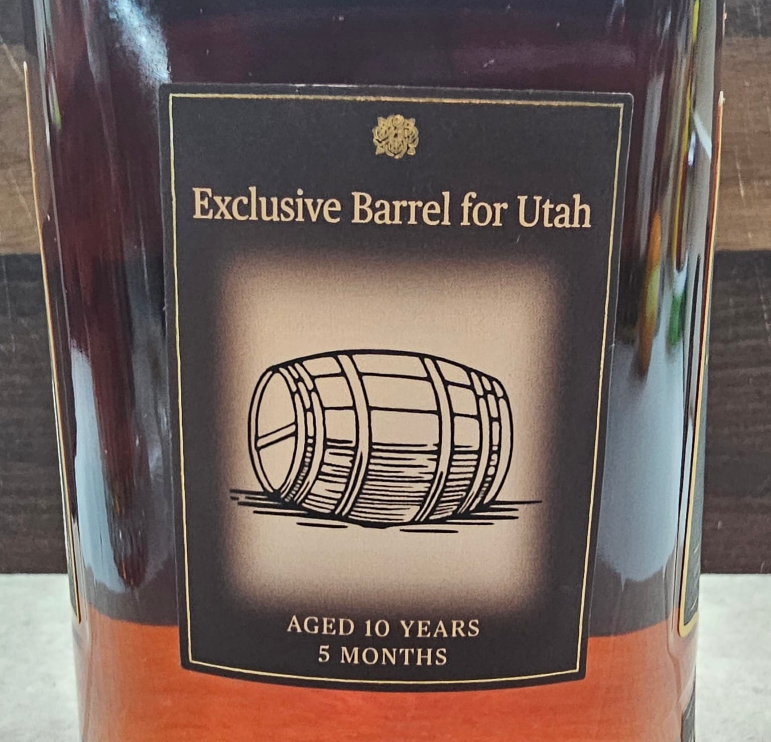 Rear label of the Four Roses Private Selection identifying it as an Exclusive Barrel for Utah, aged 10 years and 5 months.
