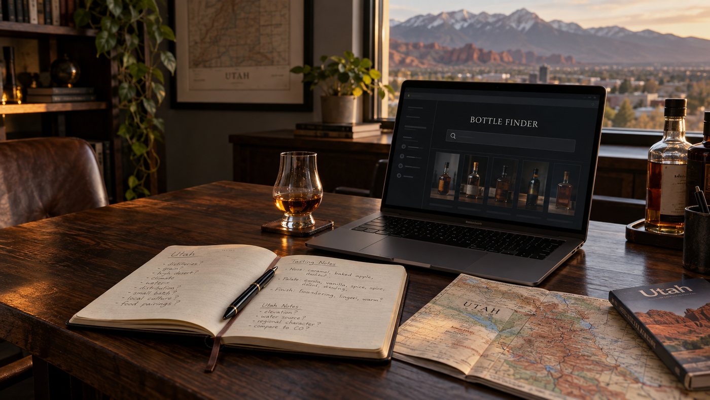 Independent spirits research workspace with the Bottle Finder, Utah map, tasting notes and whiskey glass.