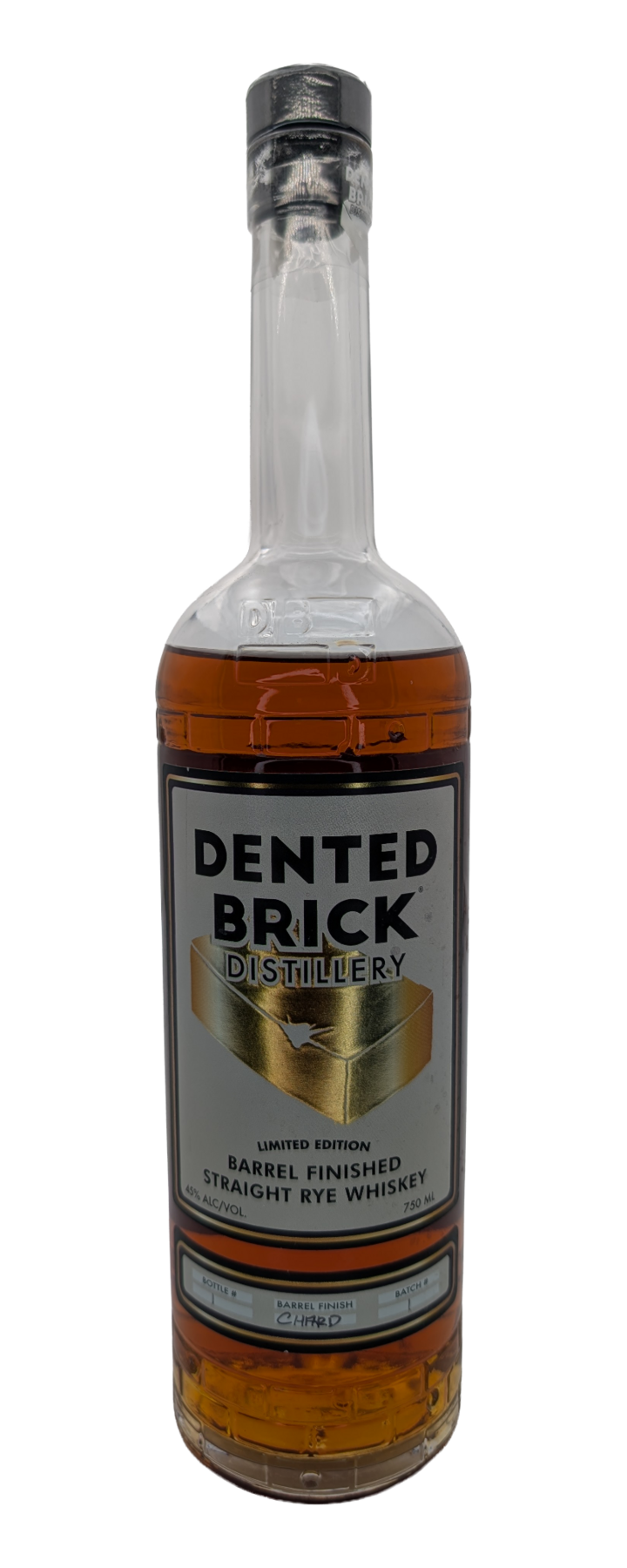 Bottle of Dented Brick Chardonnay Cask Finished Straight Rye Whiskey.