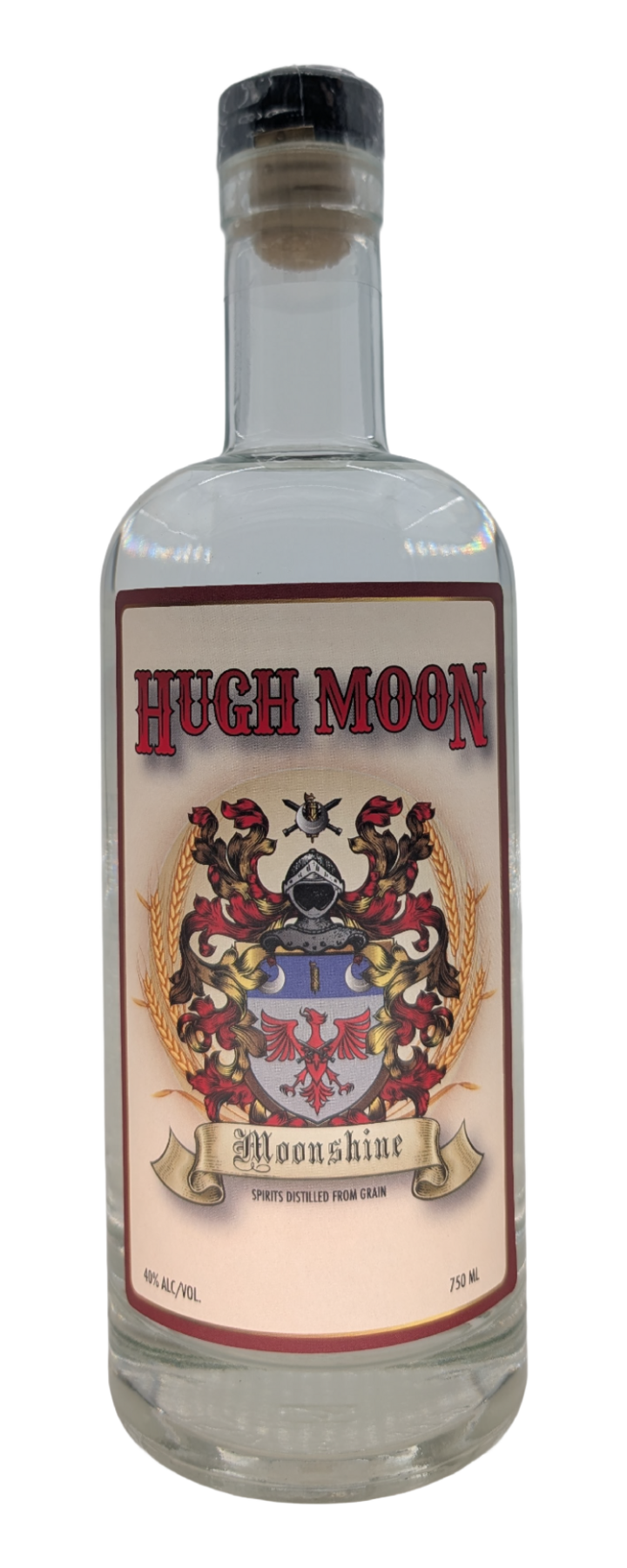Bottle of Dented Brick Hugh Moon Moonshine.