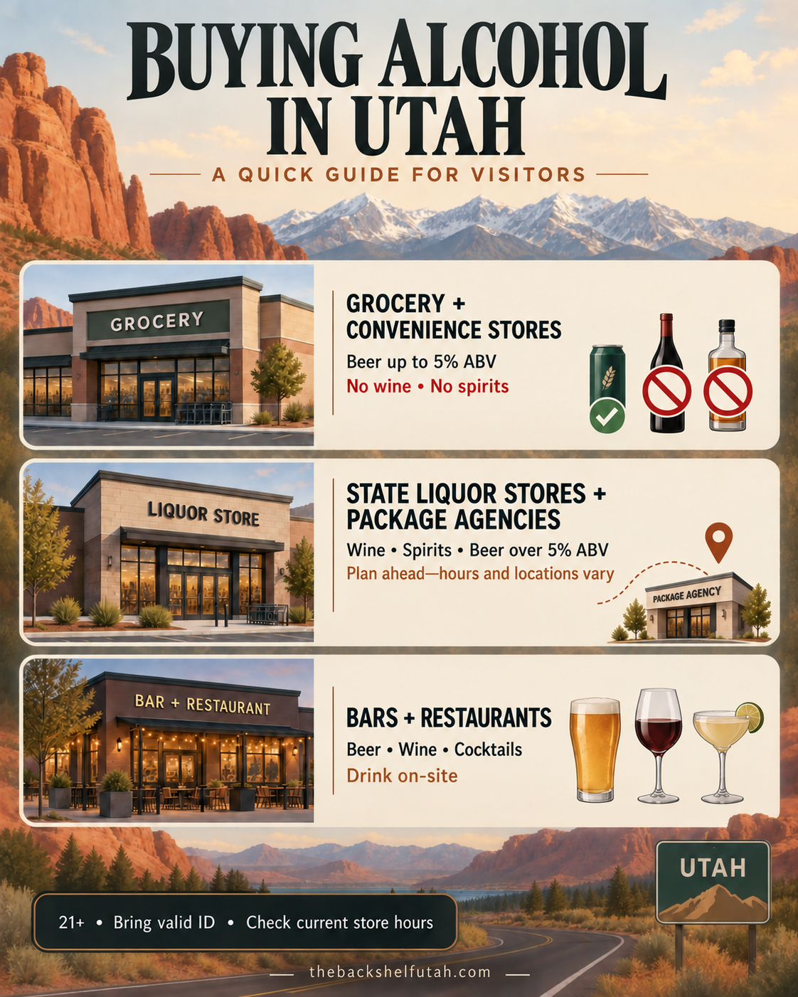 Guide to buying alcohol in Utah: grocery stores sell beer up to 5% ABV; state stores sell wine, spirits, and stronger beer; bars and restaurants serve drinks on-site.