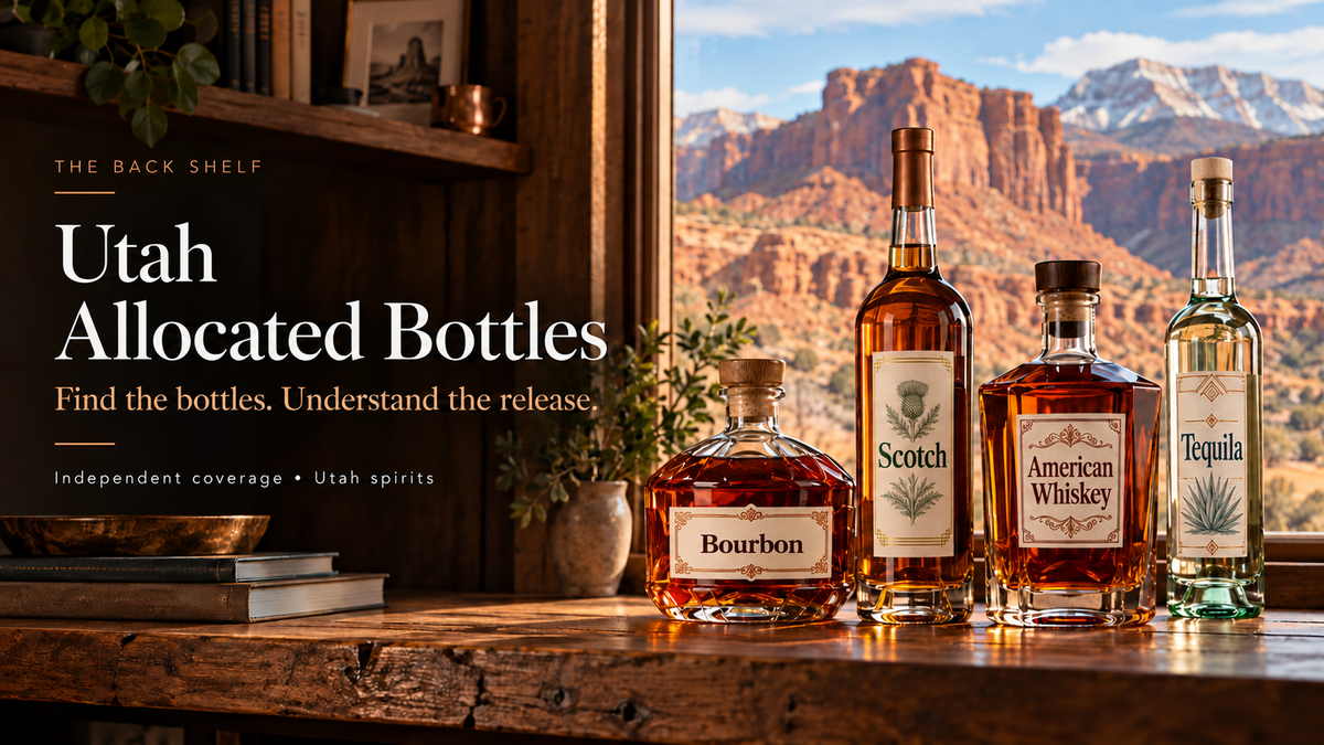 Illustrated bourbon, Scotch, American whiskey and tequila bottles on a wooden shelf before Utah red rocks, with The Back Shelf allocation branding.