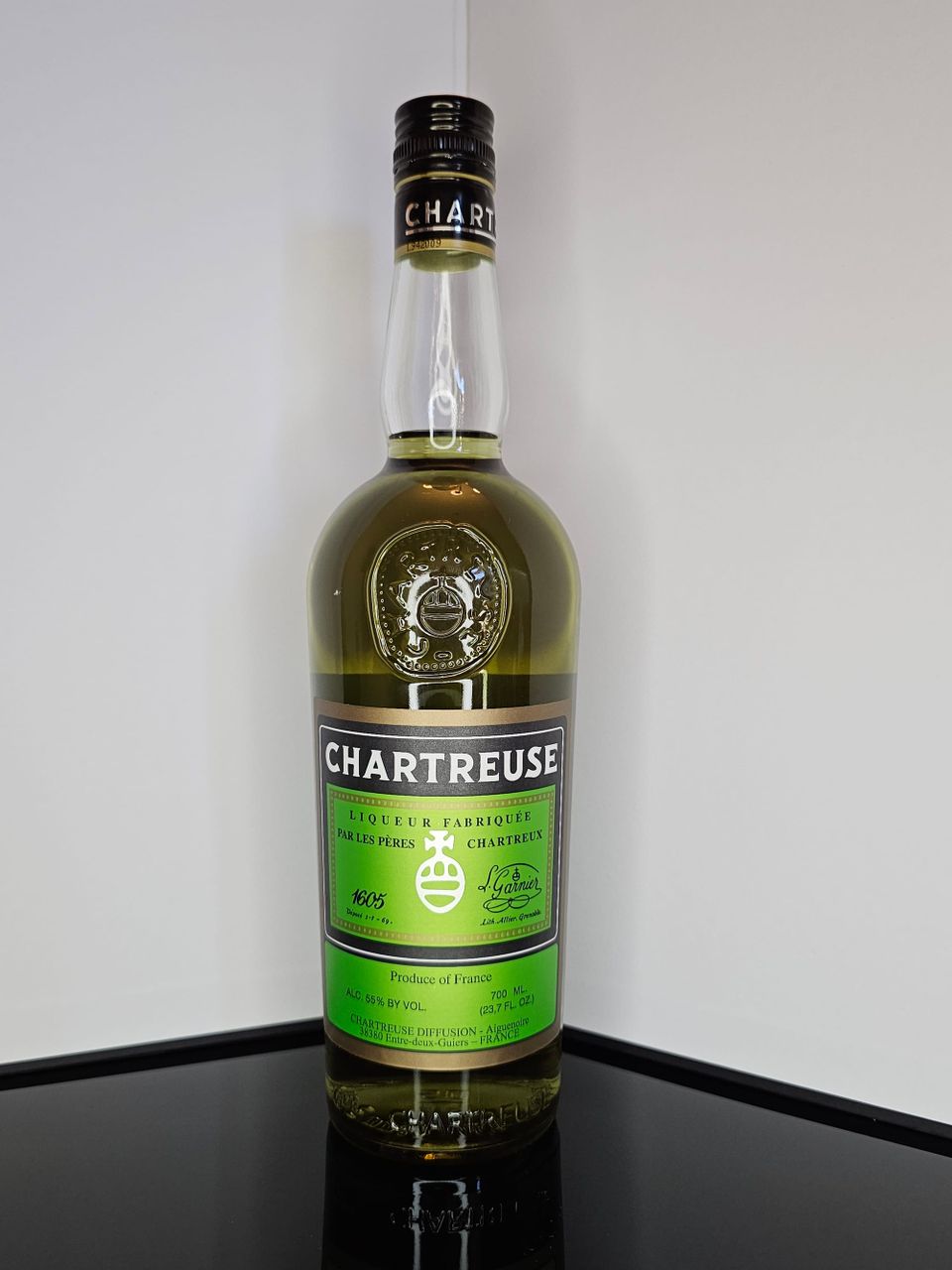 A 700 ml bottle of Green Chartreuse herbal liqueur, 55% ABV, photographed after a Utah shelf find.