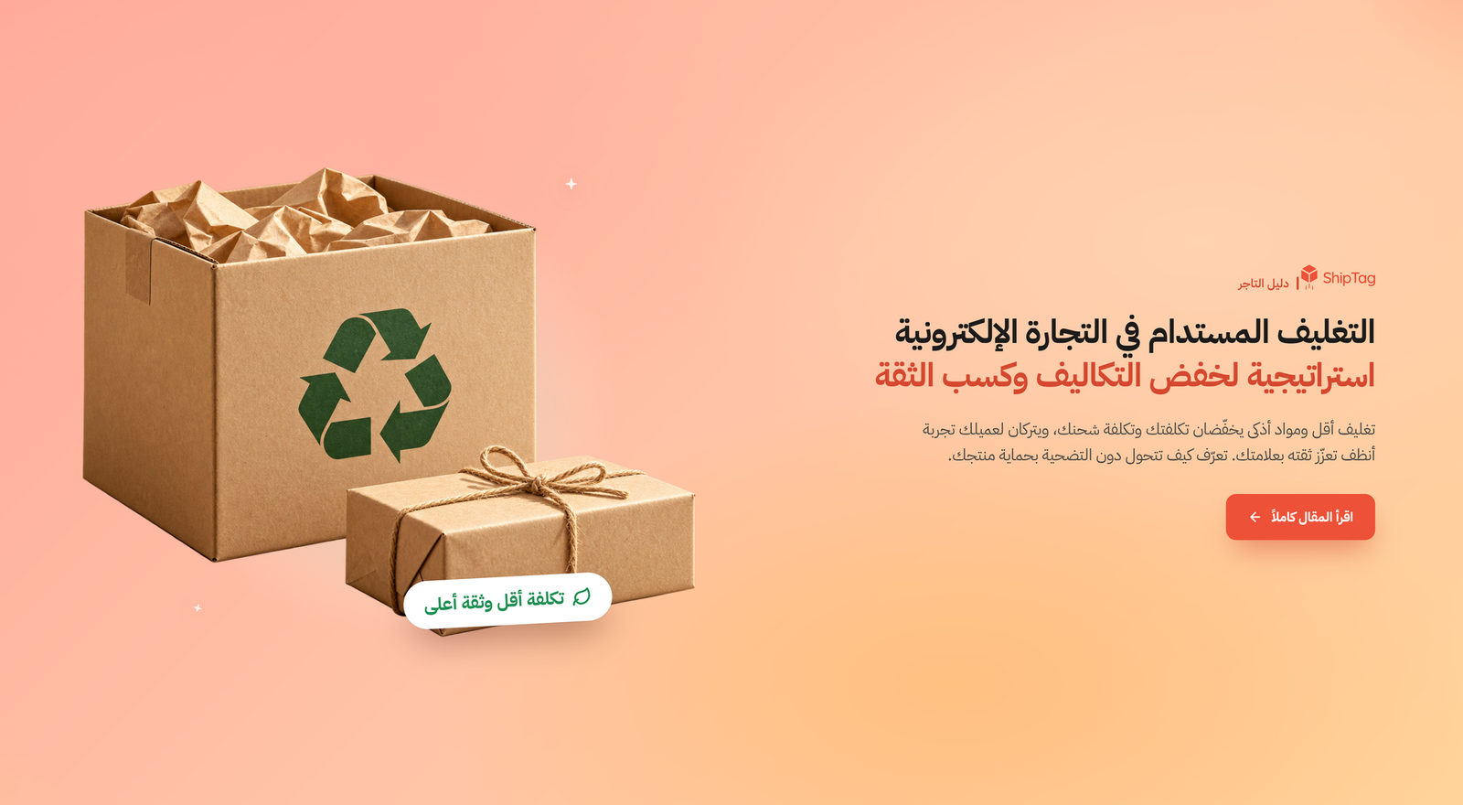 غلاف مقال التغليف المستدام: صناديق كرتونية ومواد تغليف صديقة للبيئة على خلفية نظيفة.