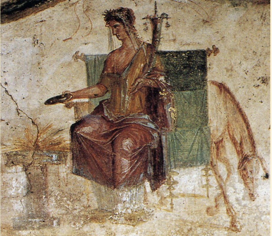 a painting of Hestia sitting in a chair holding a plate. there is a dog behind her.