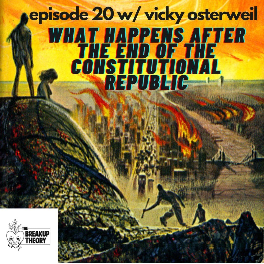 People looking over a burning city from a nearby mountaintop. 