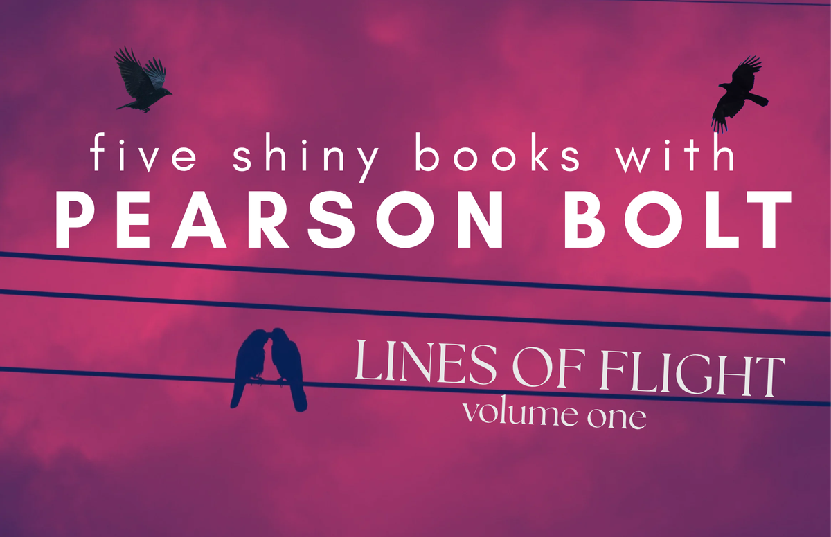 pink cloudy sky with power lines and crows. text is five shiny books with Pearson Bolt. Lines of flights. volume one