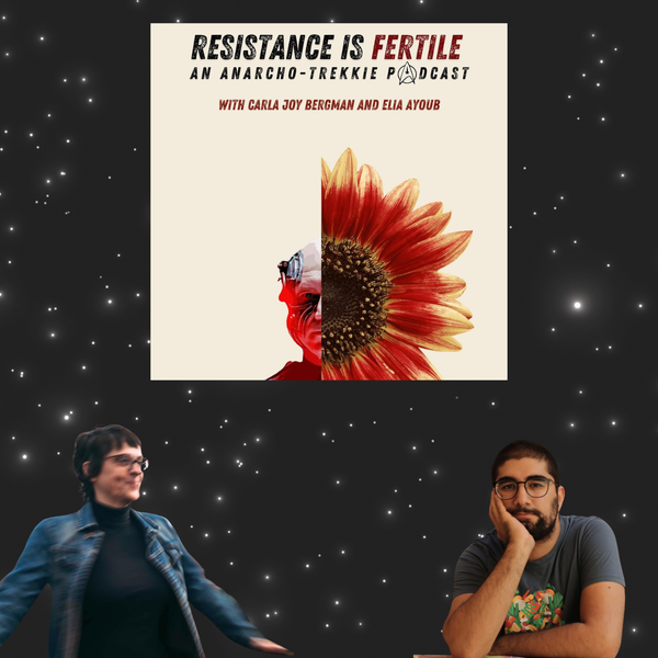 an image of space with two people and show art of a podcast of Picard as part borg part sunflower