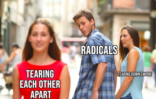 distracted boyfriend meme. text on person in front "TEARING EACH OTHER APART" over boyfriend "RADICALS" and over girlfriend "TEARING DOWN EMPIRE