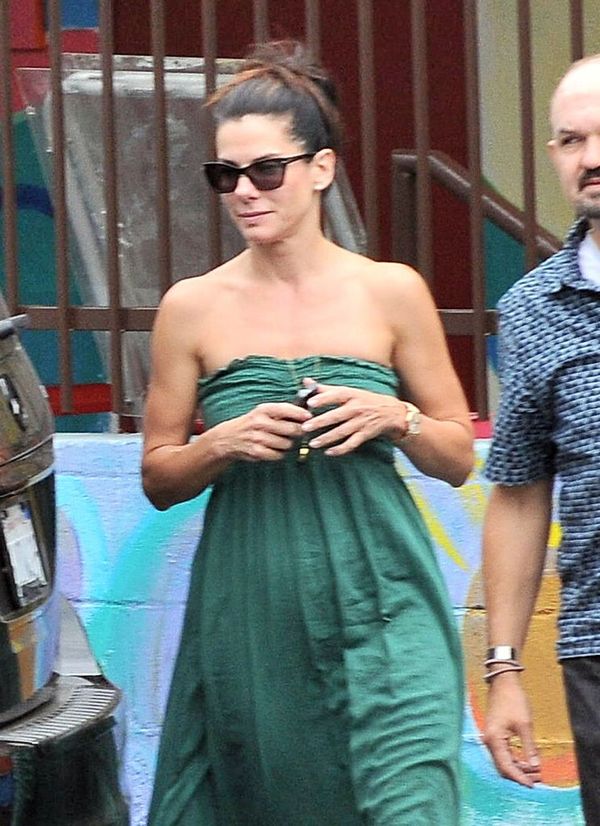 Carpets & Candids: Sandra’s strapless green maxi dress