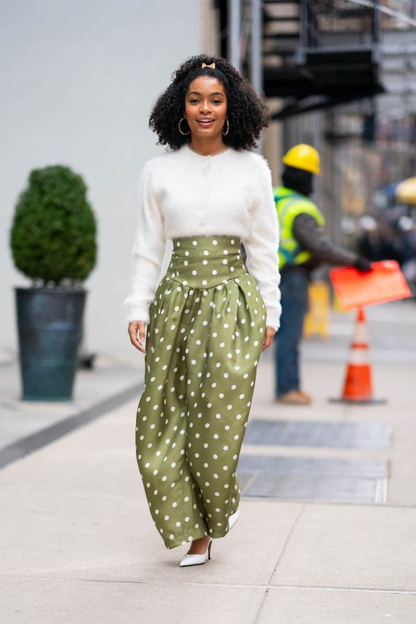 Carpets & Candids: Yara’s fluffy sweater and polka dot pants