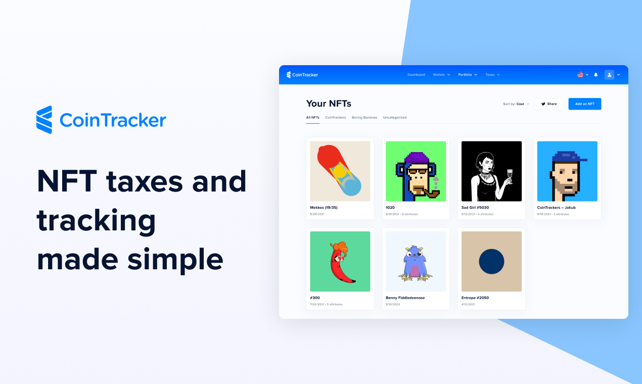 screenshot of CoinTracker’s NFT tax software page next to text that says “NFT taxes and tracking made simple”