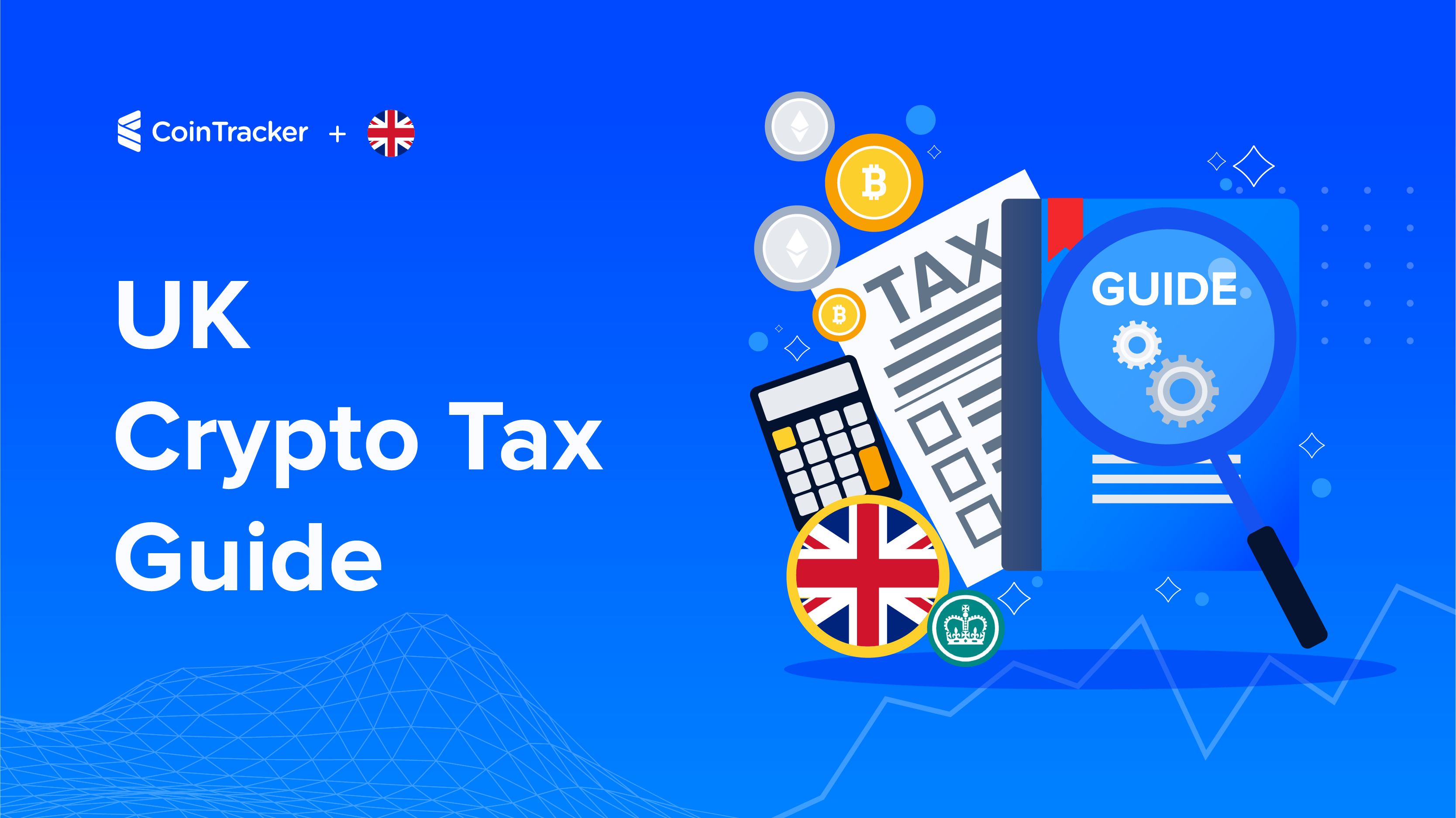  UK flag, magnifying glass, tax documents, and crypto symbols next to text that says “UK Crypto Tax Guide”