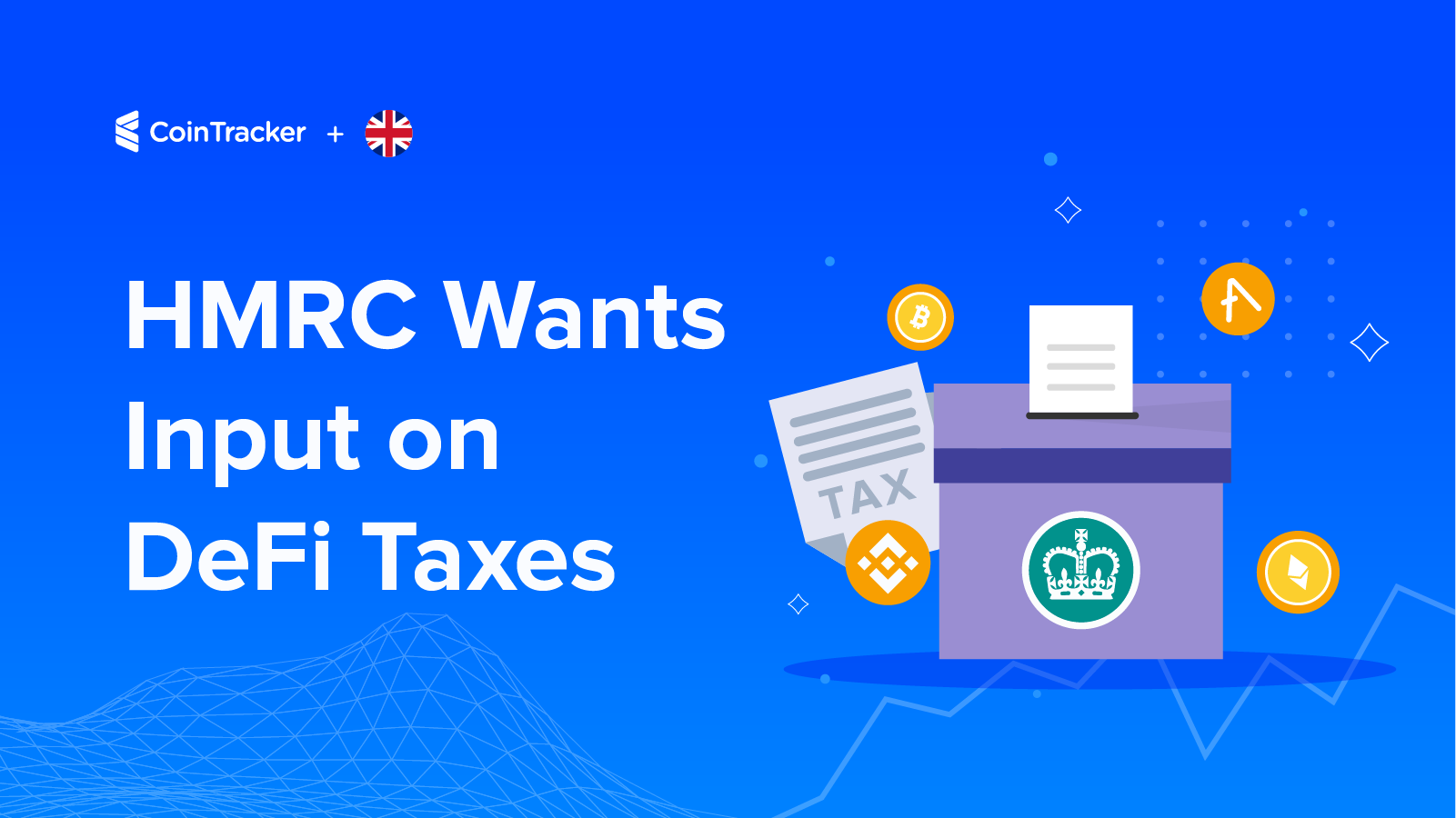 HMRC suggestion box surrounded with Bitcoin, Binance, Aave, and Ethereum icons