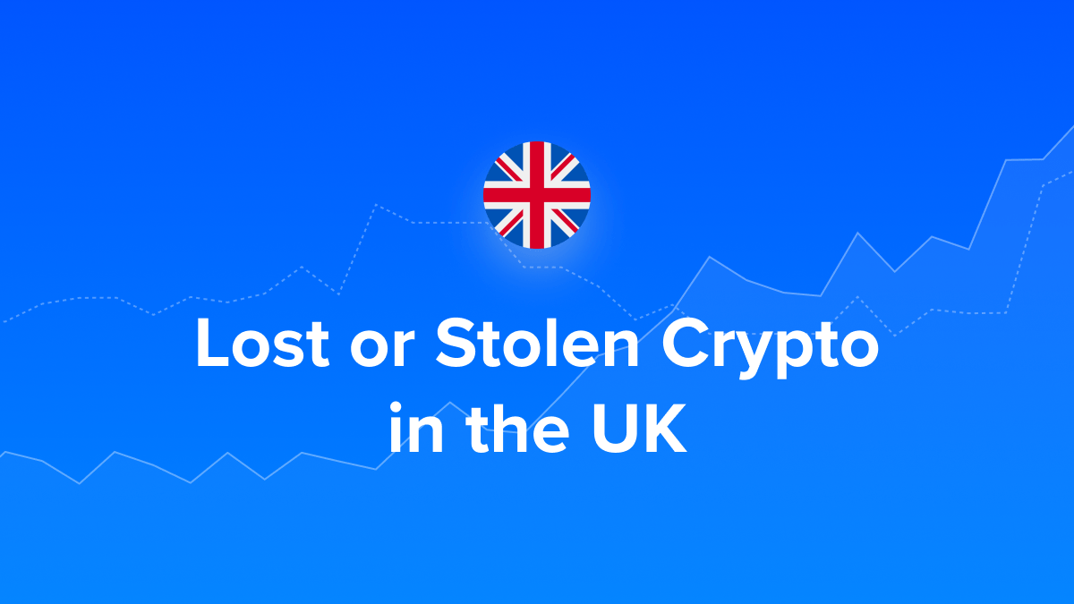 Caption "Lost or Stolen Crypto in the UK" on blue background