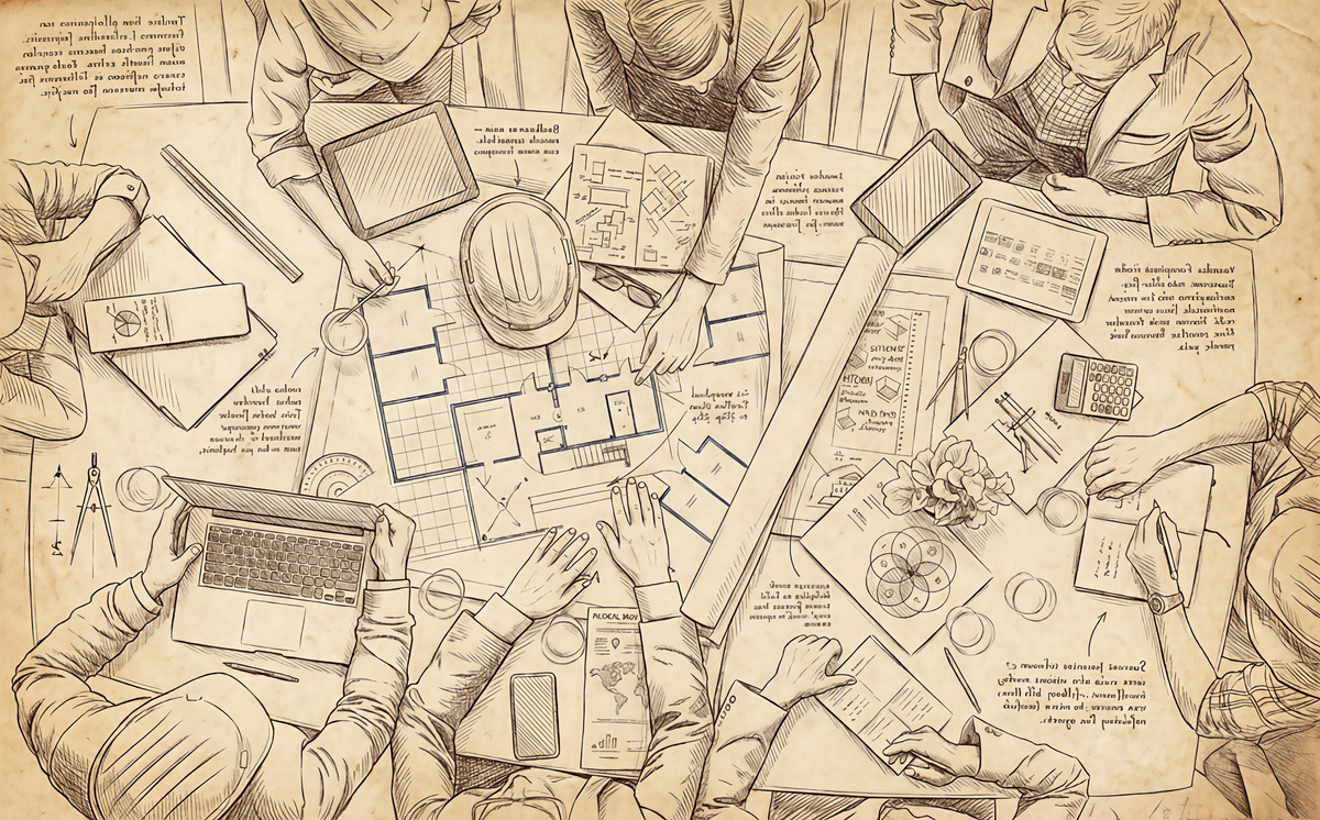 Ilustração de reunião de arquitetura com equipe analisando plantas e documentos técnicos sobre uma mesa.