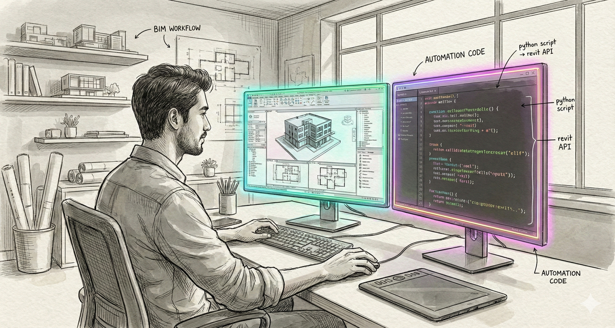Homem utilizando estação de trabalho com modelagem BIM em um monitor e scripts de automação desenvolvidos em ums sistema vibe coding