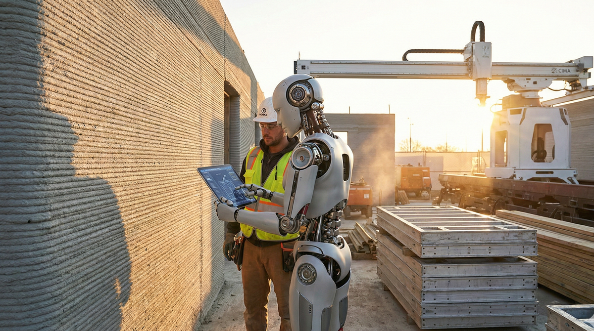 Um robô verifica, em colaboração com um humano uma parede de concreto em impressão aditiva