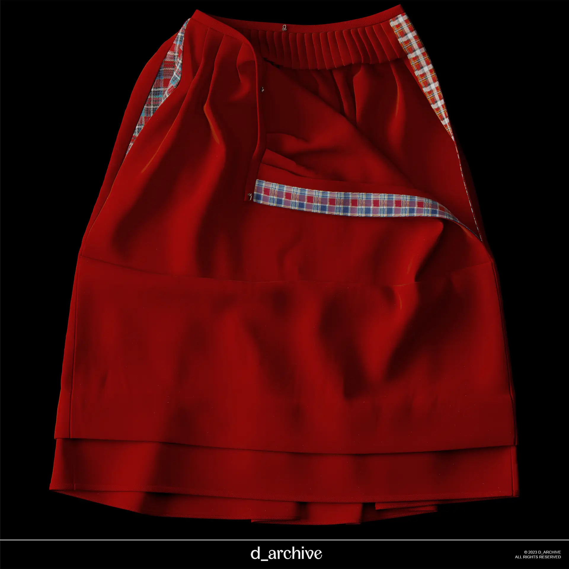 Skirt front 3D replica by d_archive: Red wool underskirt with waistband made of red ribbon (1960-1970); fastens with a hook and eye. It features two slits at the top, one with an inset pocket made of chequered cotton fabric. At the front, there is a sewn-in pleat approximately 30 cm below the waist that could be let out as the child grew. Hem trimmed with braided red ribbon.