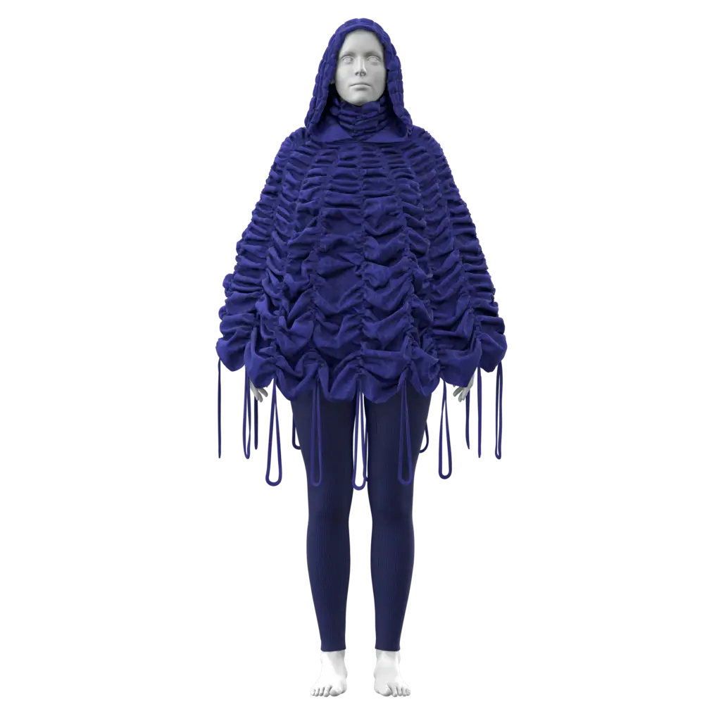 A Close Up & Full Body Look of the Ruched Poncho from the Serenity Collection