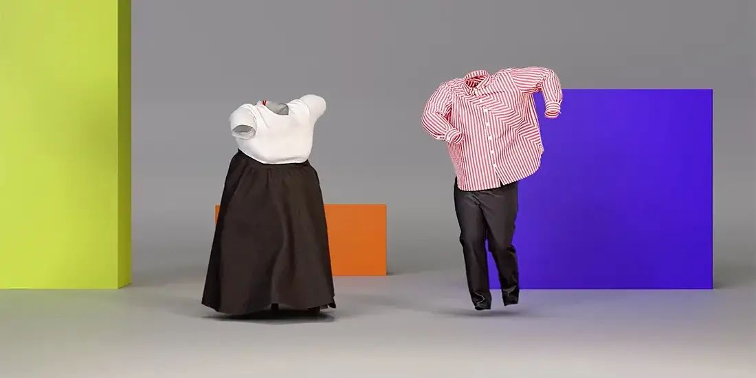 3D render of two models dancing wearing garments designed by Differently Enabled.