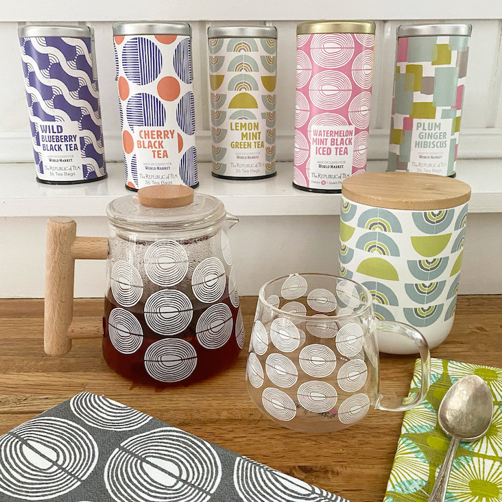 A 2022 collection of home goods and Republic of Tea packaging Hewett designed for World Market