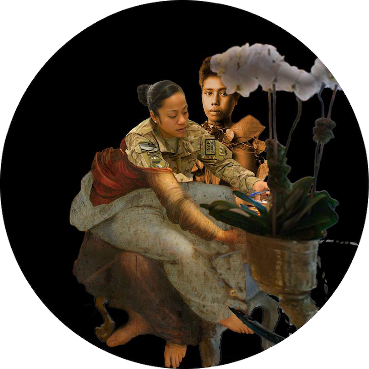 Dan Taulapap McMullin,&nbsp;Aue Away&nbsp;(2016) Installation @AMNH. Detail photo-collage on aluminum