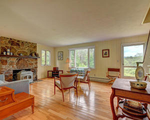 Living room with stone fireplace