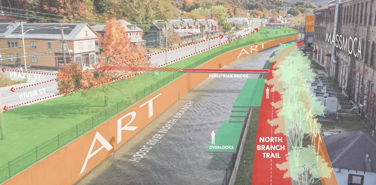 Early concept of Adventure Trail follows North Branch of the Hoosic River, along MASS MoCA campus. Credit Reed Hilderbrand Landscape Architecture.&nbsp;
