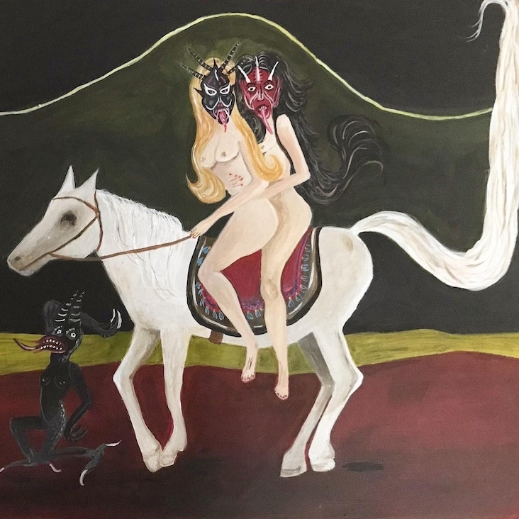 "At the end of everything and nothing, they knew the storm was coming so they held each other close," Sarah Lee, acrylic on canvas paper, 2021, 12"x17"