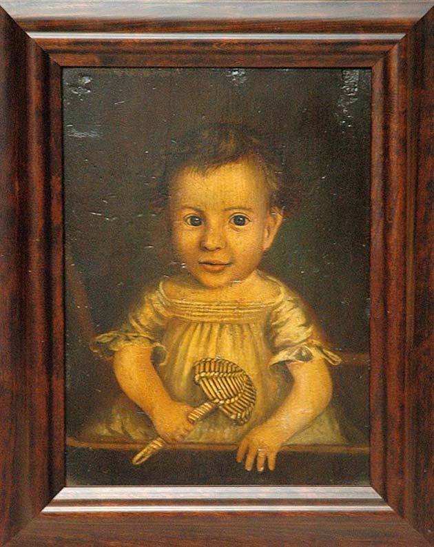 Baby with Rattle, 1846, oil on wood, looking like a miniature man with a receding hairline