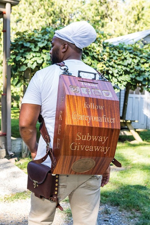 Jackson with the backpack he crafted for guerrilla marketing on the subway in New York City. His handcrafted raffle giveaways were a hit and he was gathering a growing following until the pandemic. Jackson with the backpack he crafted for guerrilla marketing on the subway in New York City. His handcrafted raffle giveaways were a hit and he was gathering a growing following until the pandemic. 